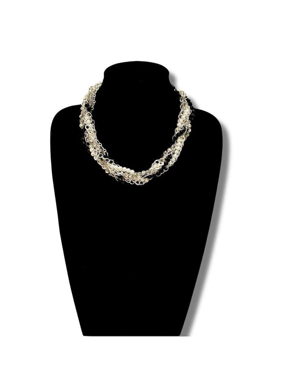 WHBM Multi-Strand Twisted Pearl, Black Bead & Crystal Collar Necklace | NEW $68
